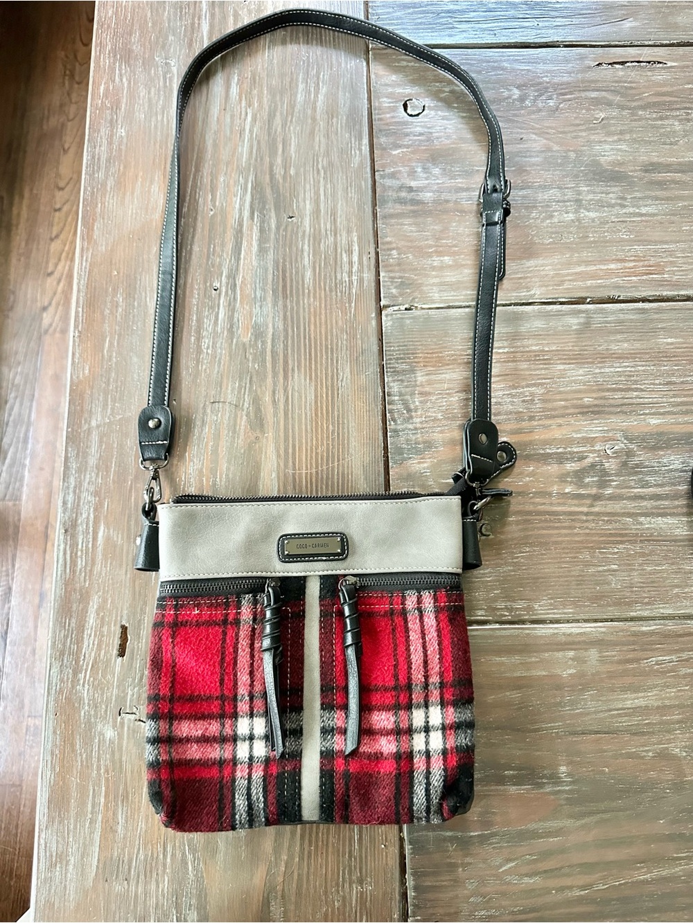 Coco + Carmen Red Plaid Crossbody with faux leather Gray Trim and Black Strap